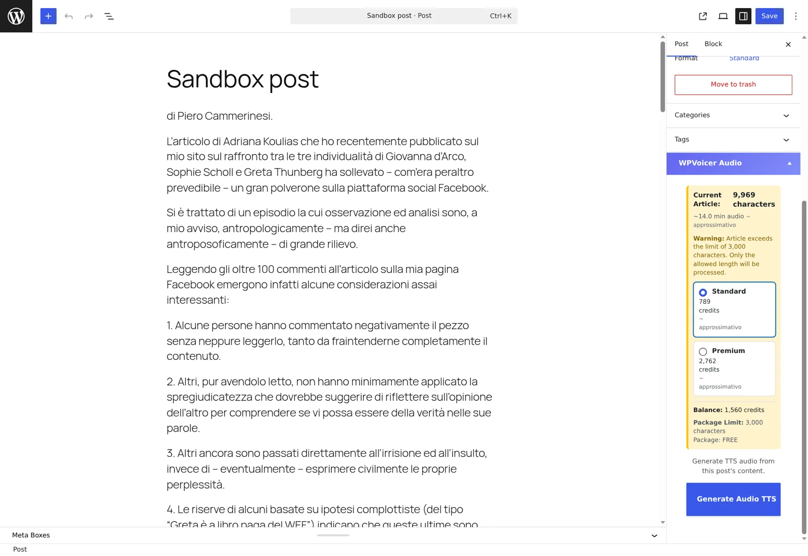 WordPress post editor with the WPVoicer Audio sidebar and Generate Audio TTS button clearly visible