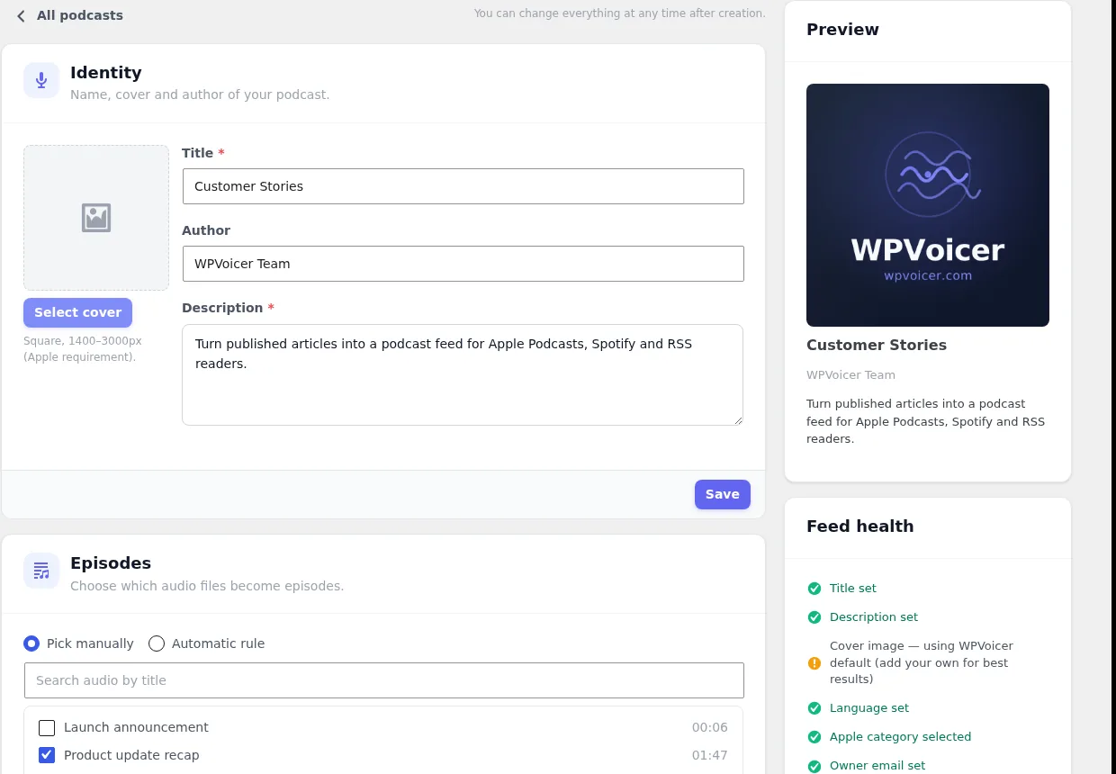 WPVoicer podcast builder screen showing identity, episodes, preview and feed health
