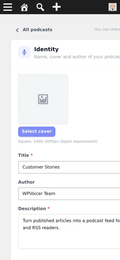 WPVoicer podcast builder on a mobile viewport